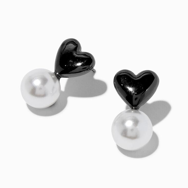 Black Heart &amp; Pearl Stud Earrings,