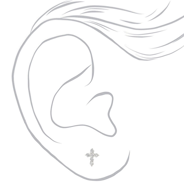 Silver-tone Cubic Zirconia Cross Stud Earrings,