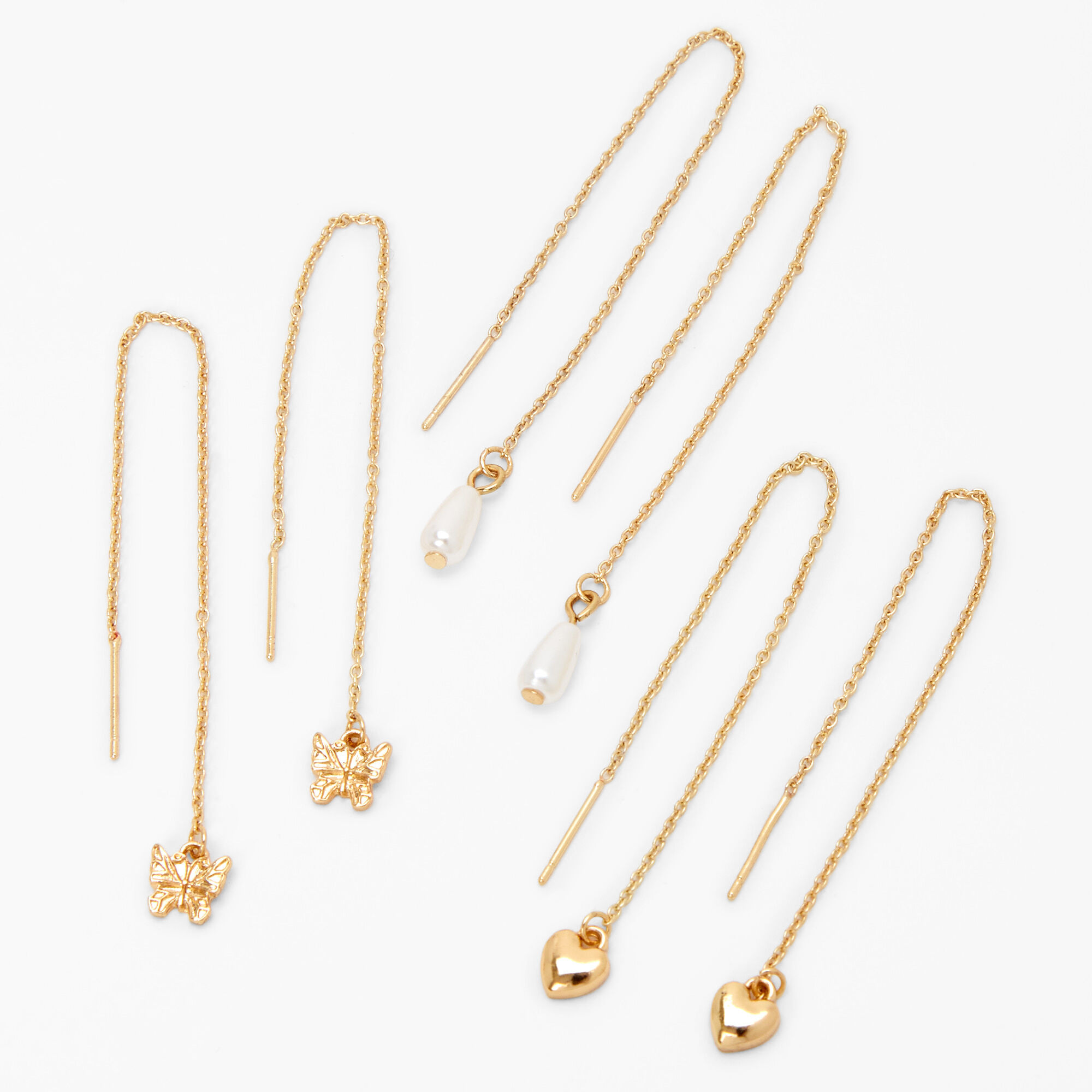 Gold 2" Glitter Heart & Pearl Drop Earrings - 3 Pack,