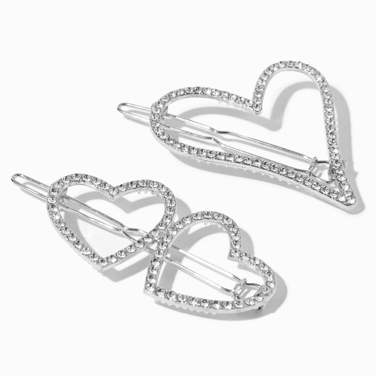 Silver Rhinestone Hearts Metal Hair Clips - 2 Pack,