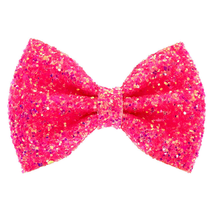 Claire's Mini barrette à nœud à paillettes fluo - Rose