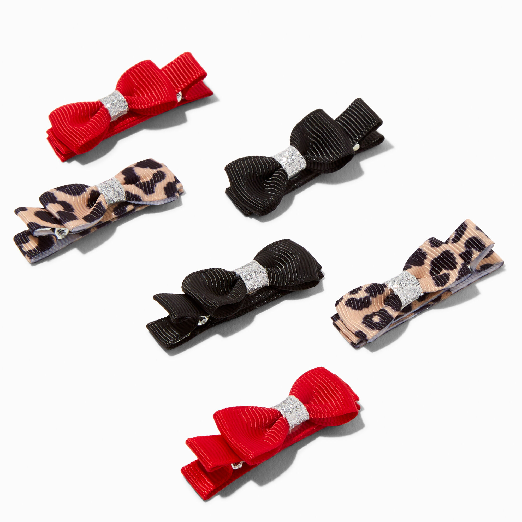 View Claires Club Holiday Animal Print Grosgrain Hair Bow Clips 6 Pack Red information