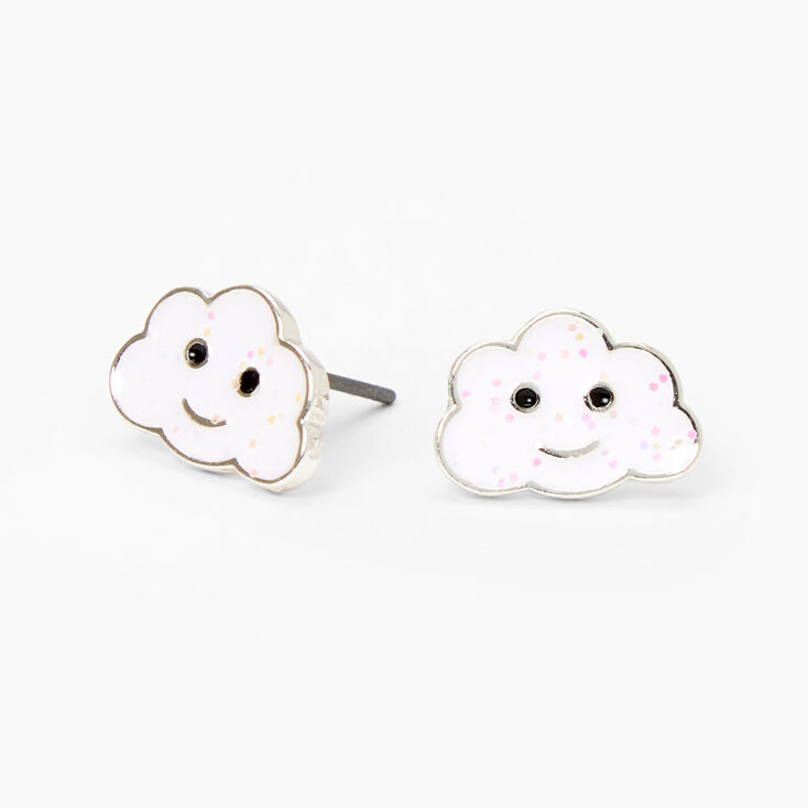 Silver Glitter Cloud Stud Earrings - White,