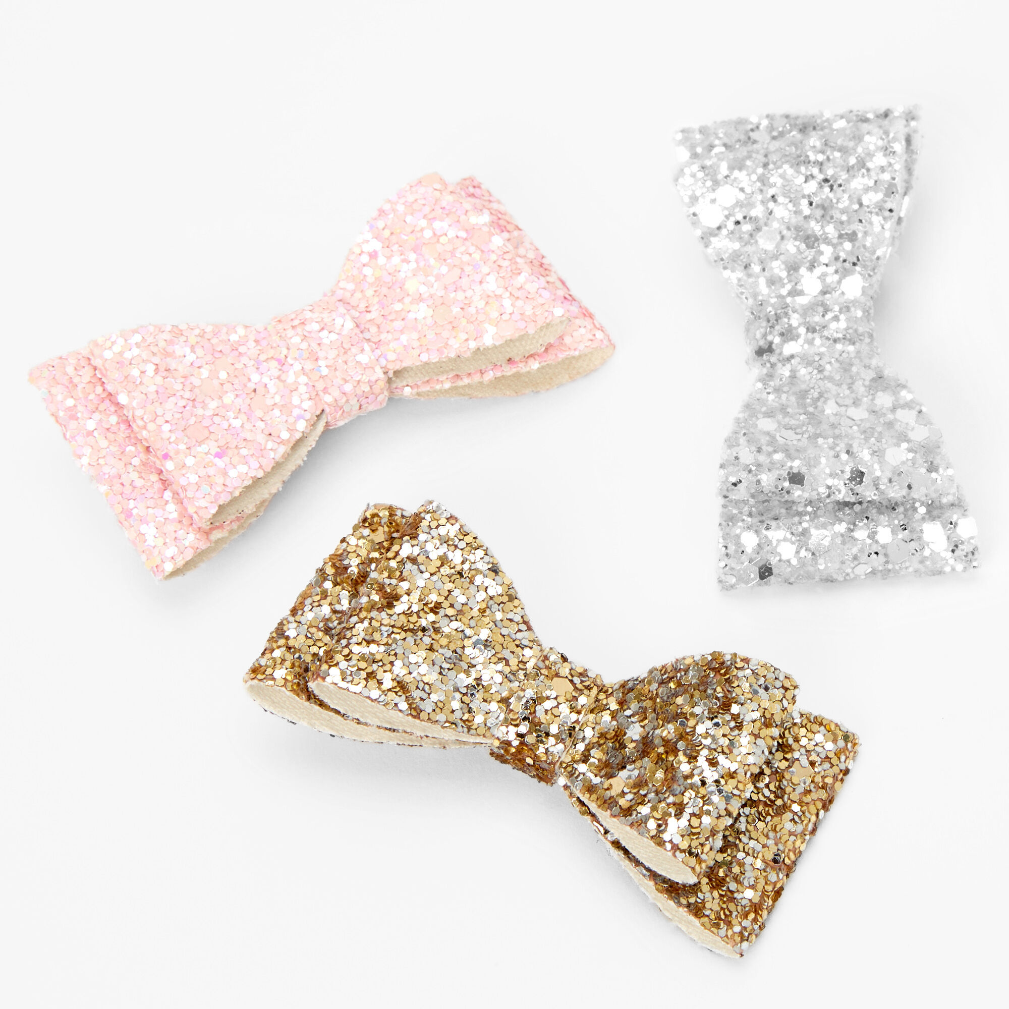 View Claires Club Glitter Hair Bow Clips 3 Pack Gold information