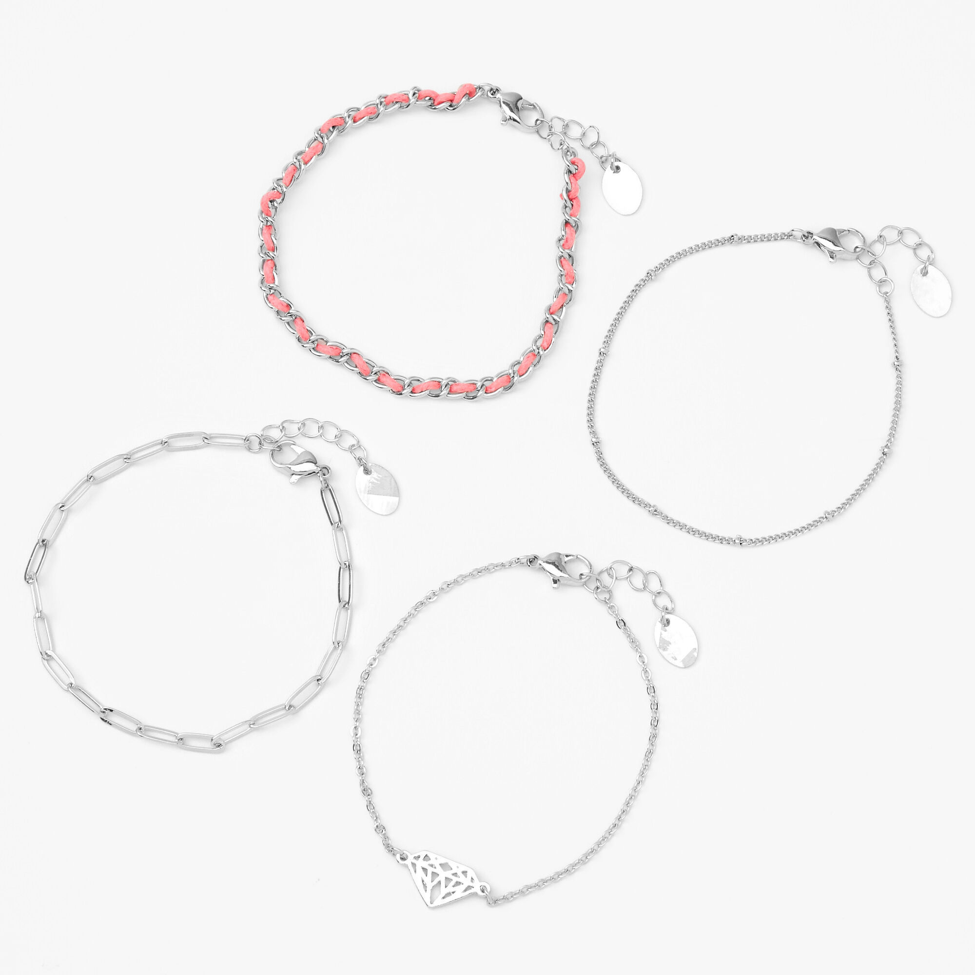 Silver Rhinestone Beaded Chain Bracelets - 4 Pack,