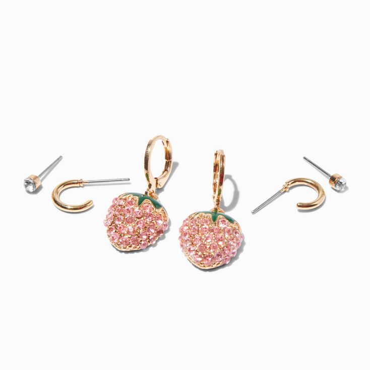 Gold-tone Pav&eacute; Strawberry Earring Stackables - 3 Pack,