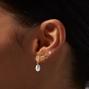 Gold-tone Seashell Earrings Stack - 3 Pack ,