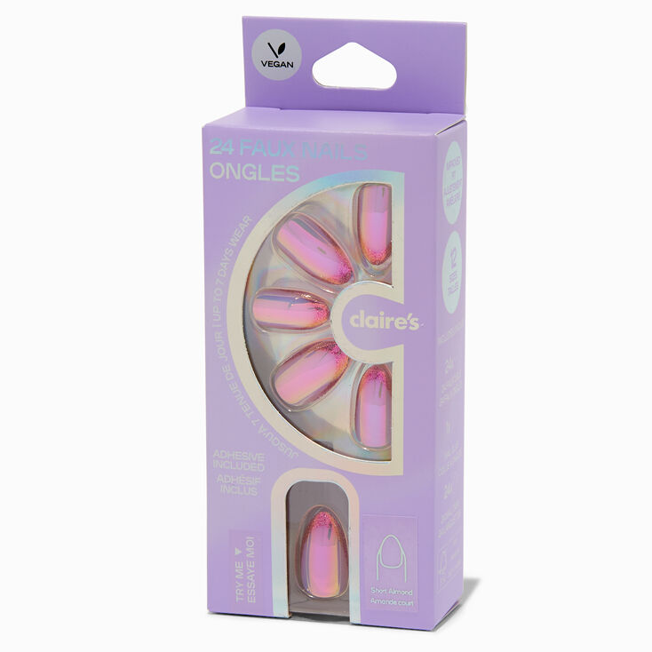 Pink Holographic Short Almond Vegan Faux Nail Set - 24 Pack,