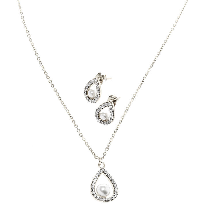 Silver-tone White  Pearl Teardrop Pendant Necklace &amp; Earring Set,