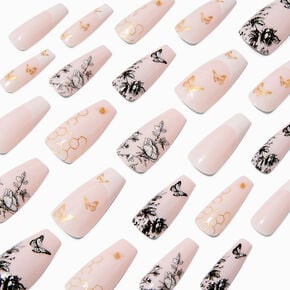 Black &amp; White Floral Butterfly Squareletto Faux Nail Set - 24 Pack,