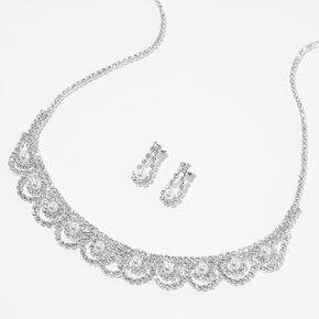 White Pearl &amp; Silver Rhinestone Scalloped Choker  &amp; Drop Earrings Set - 2 Pack,