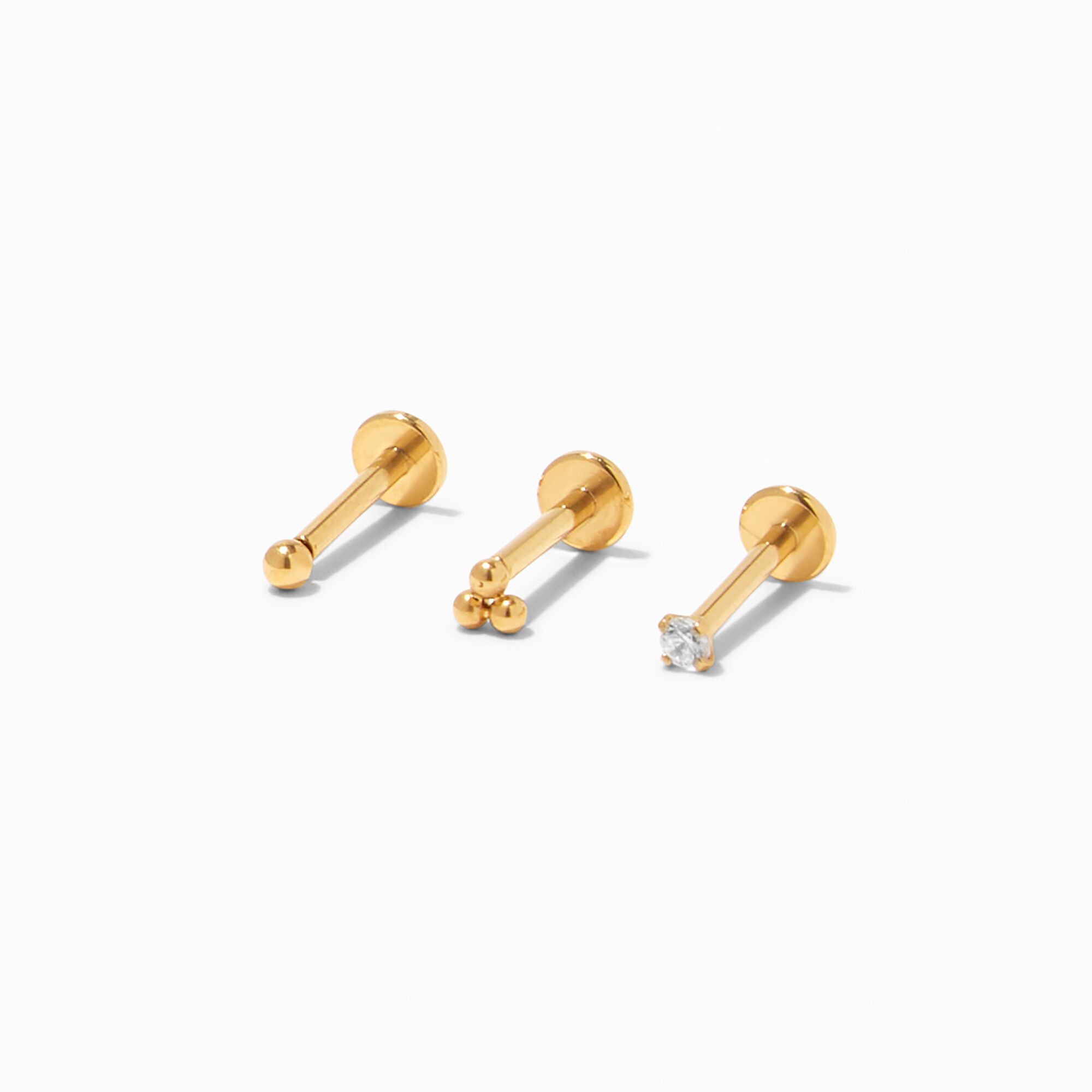 Gold tone Cubic Zirconia 16G Tragus Flat Back Earrings 3 Pack