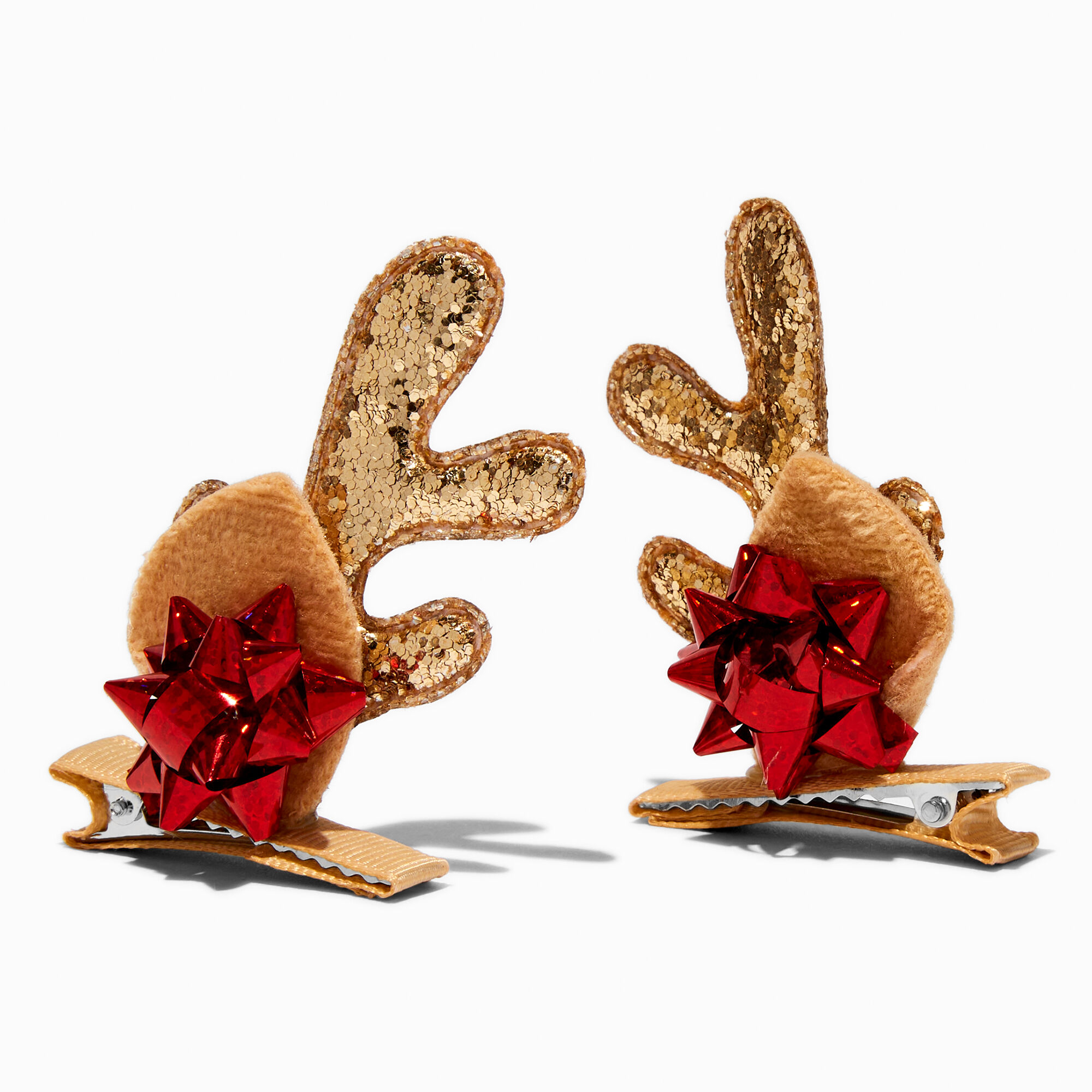 View Claires Reindeer Antlers Gift Bow Hair Clips 2 Pack Red information