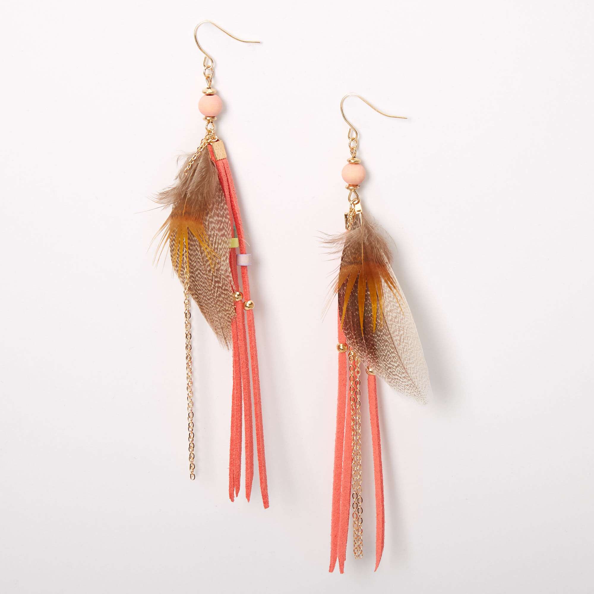 Gold 5.5" Feather Fringe Tassel Drop Earrings - Coral,