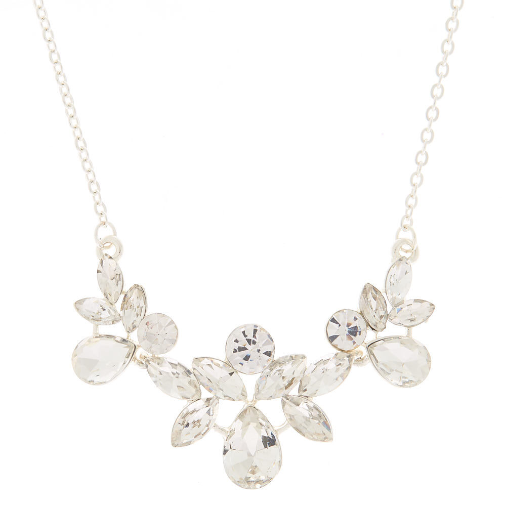 Silver Glass Rhinestone Leaf Pendant Necklace,