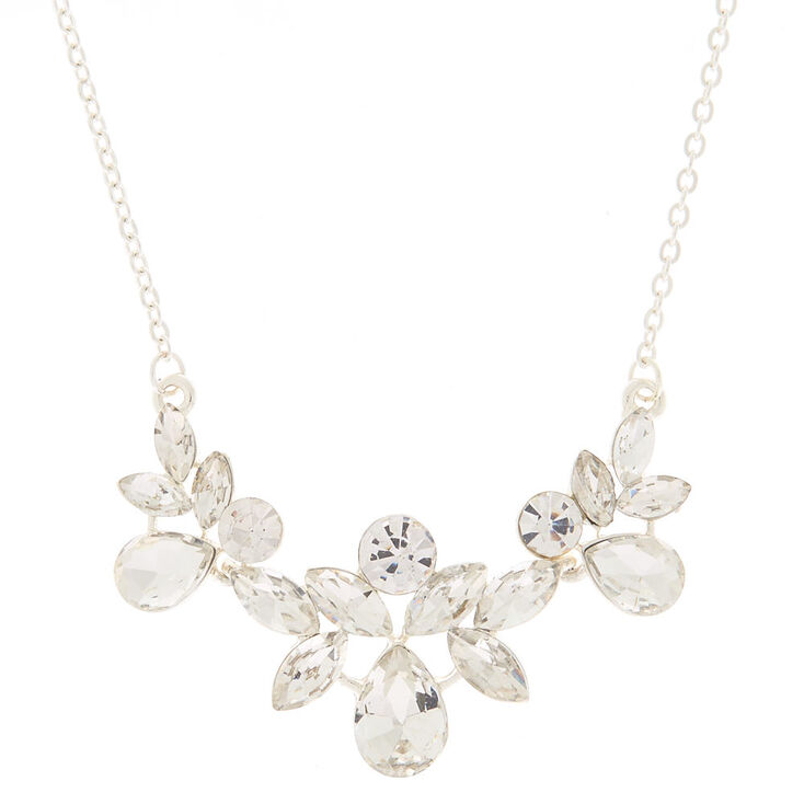 Silver Glass Rhinestone Leaf Pendant Necklace,