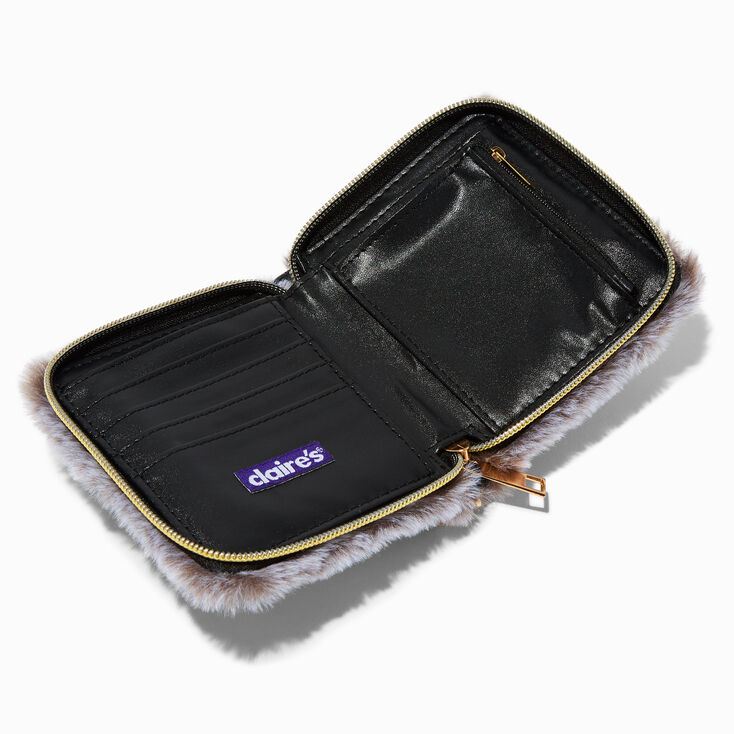 Furry Gray Gold-tone Chain Zip Around Wallet,