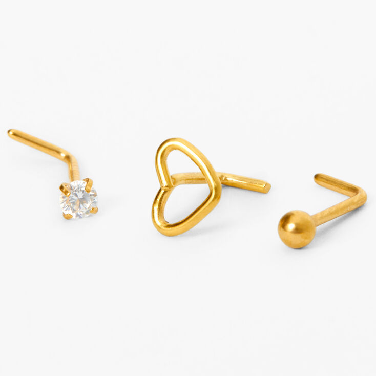 Gold-tone Titanium 20G Open Heart Nose Studs - 3 Pack ,