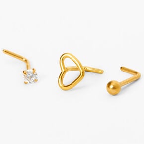 Gold-tone Titanium 20G Open Heart &amp; Mixed Stud Nose Rings - 3 Pack,