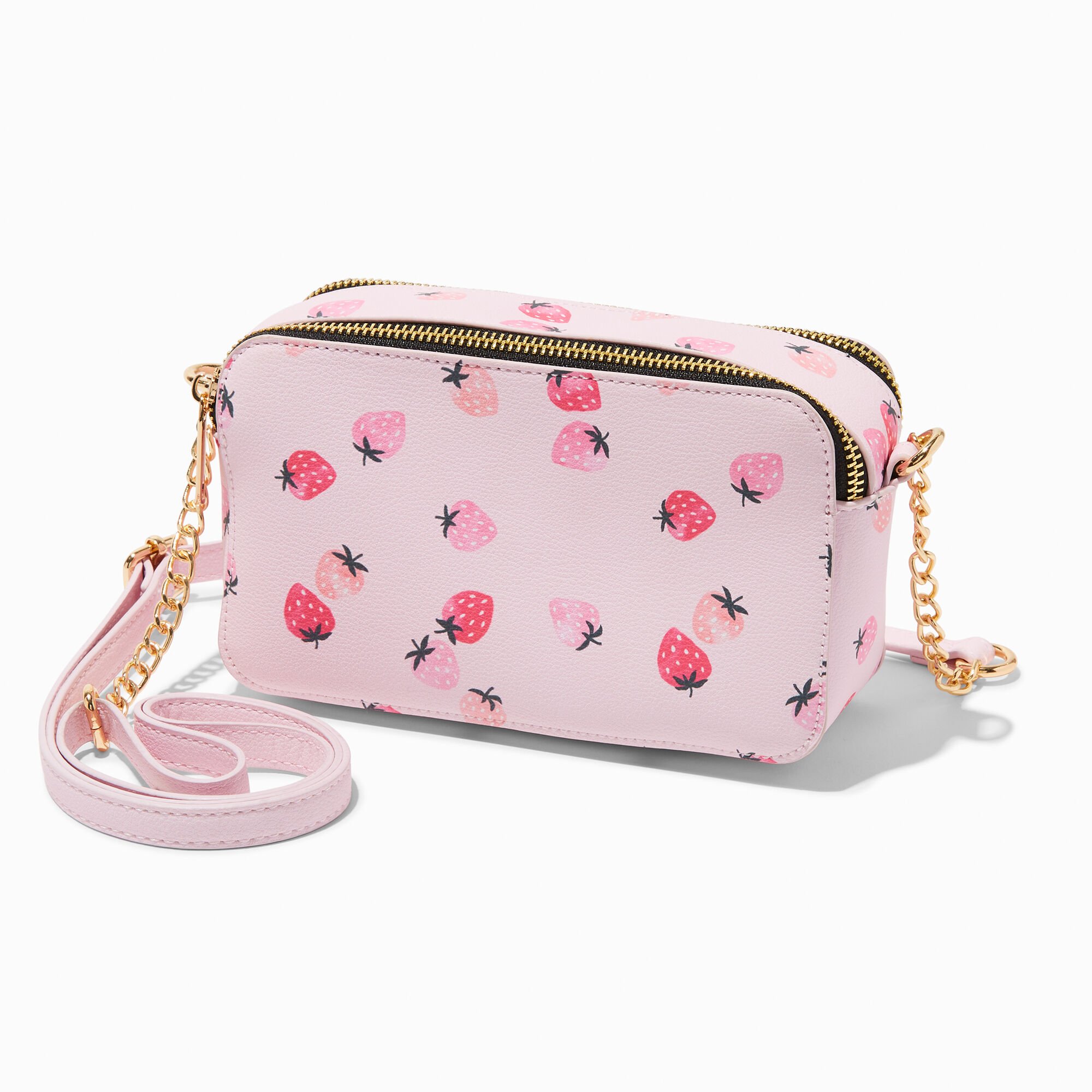 View Claires Strawberry Print Camera Crossbody Bag Pink information