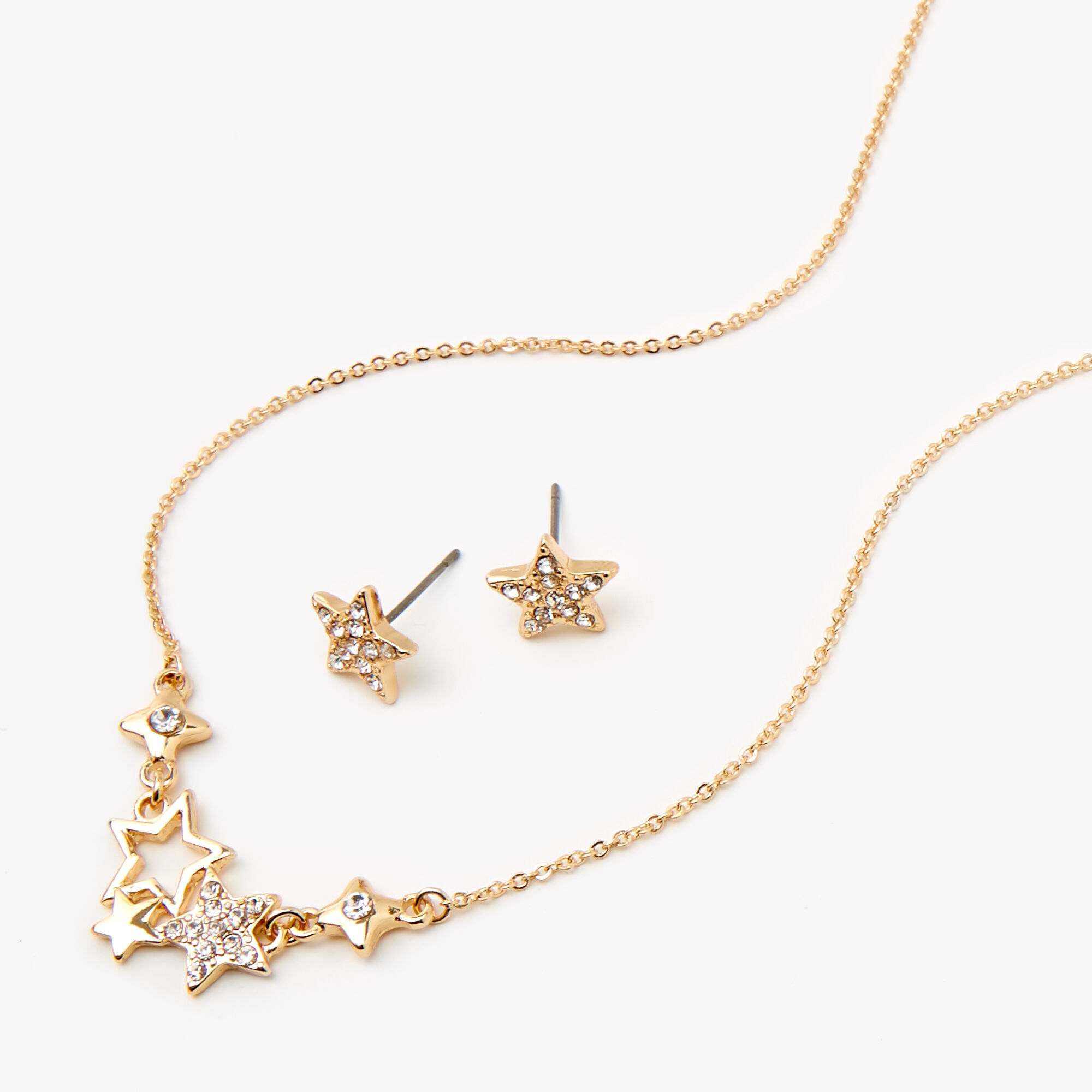 Gold Rhinestone Star Clusters Necklace Earring Set 2 Pack