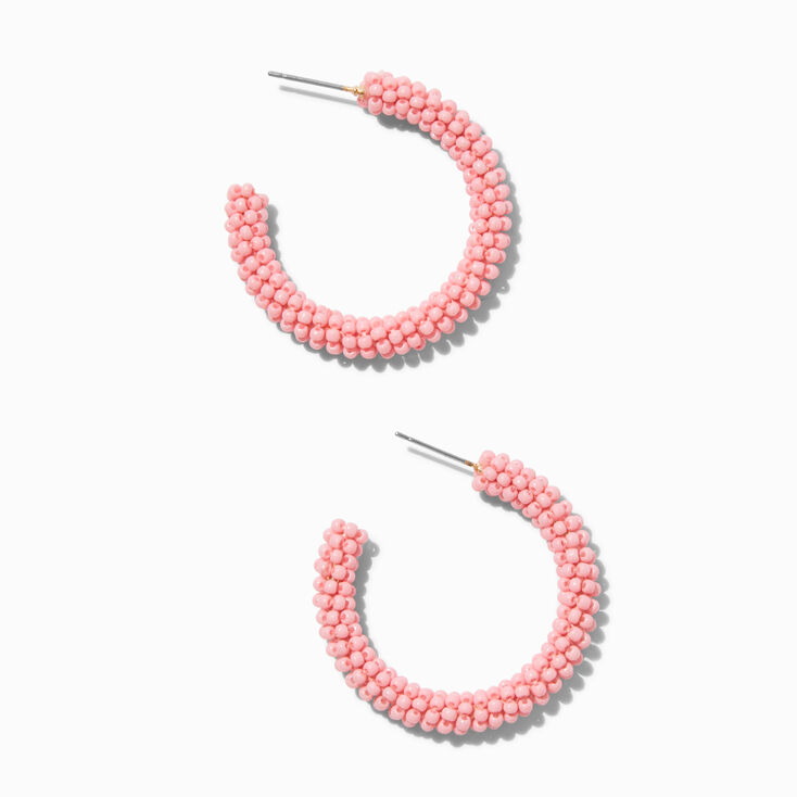 Bright Coral Beaded Hoop Earrings,