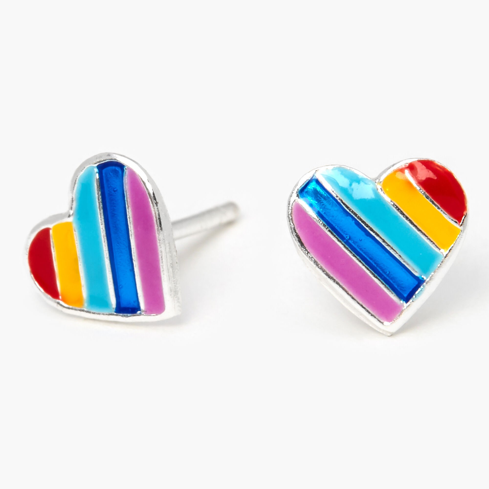 View Claires Rainbow Striped Heart Stud Earrings Silver information