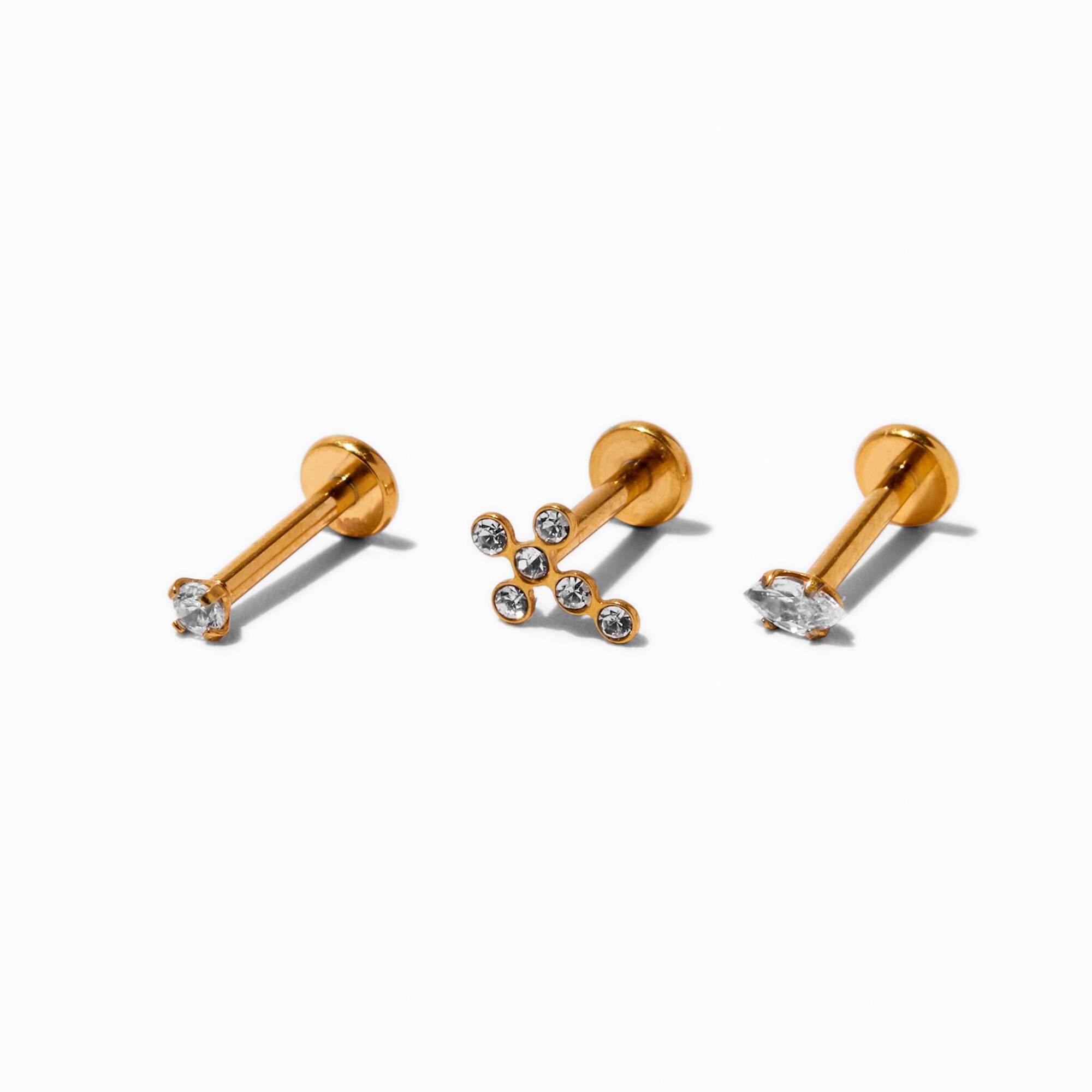 View Claires Tone Titanium 16G Cubic Zirconia Cross Cartilage Stud Earrings 3 Pack Gold information