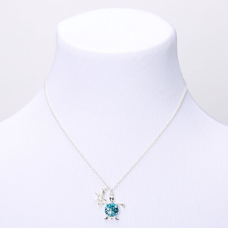 Silver-tone Glitter Turtle Pendant Necklace - Turquoise,