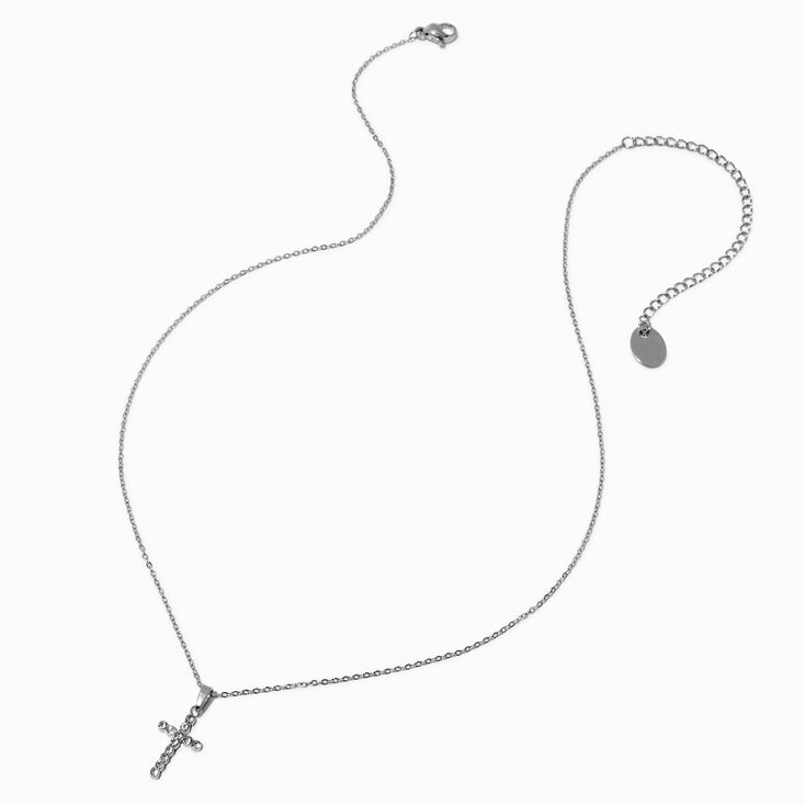 Collier &agrave; pendentif couleur argent&eacute;e croix pav&eacute; en acier inoxydable,