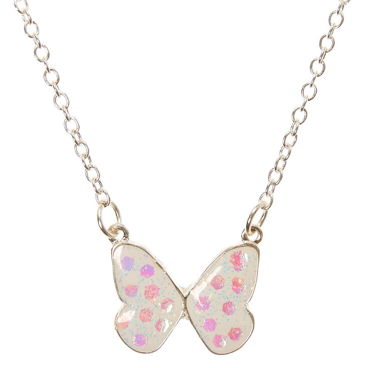 Iridescent Butterfly Pendant Necklace - White,