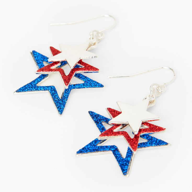 Patriotic Triple Glitter Stars 2.5&quot; Drop Earrings,