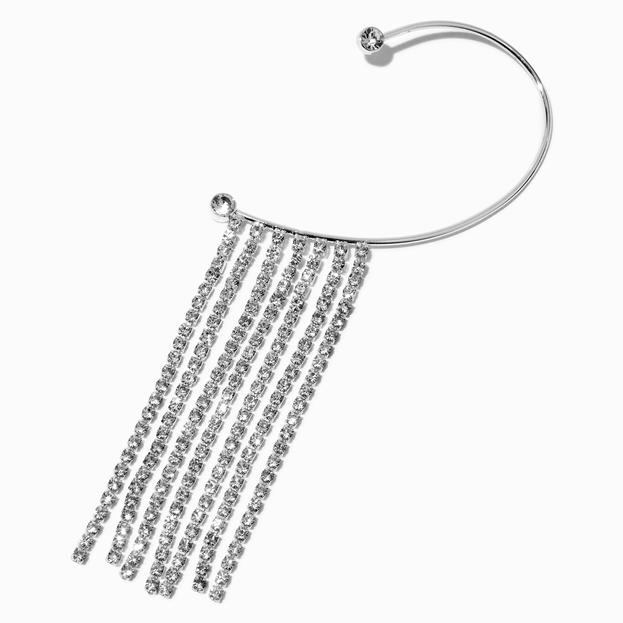 View Claires Rhinestone Fringe Linear Drop Hanging Ear Cuff Silver information