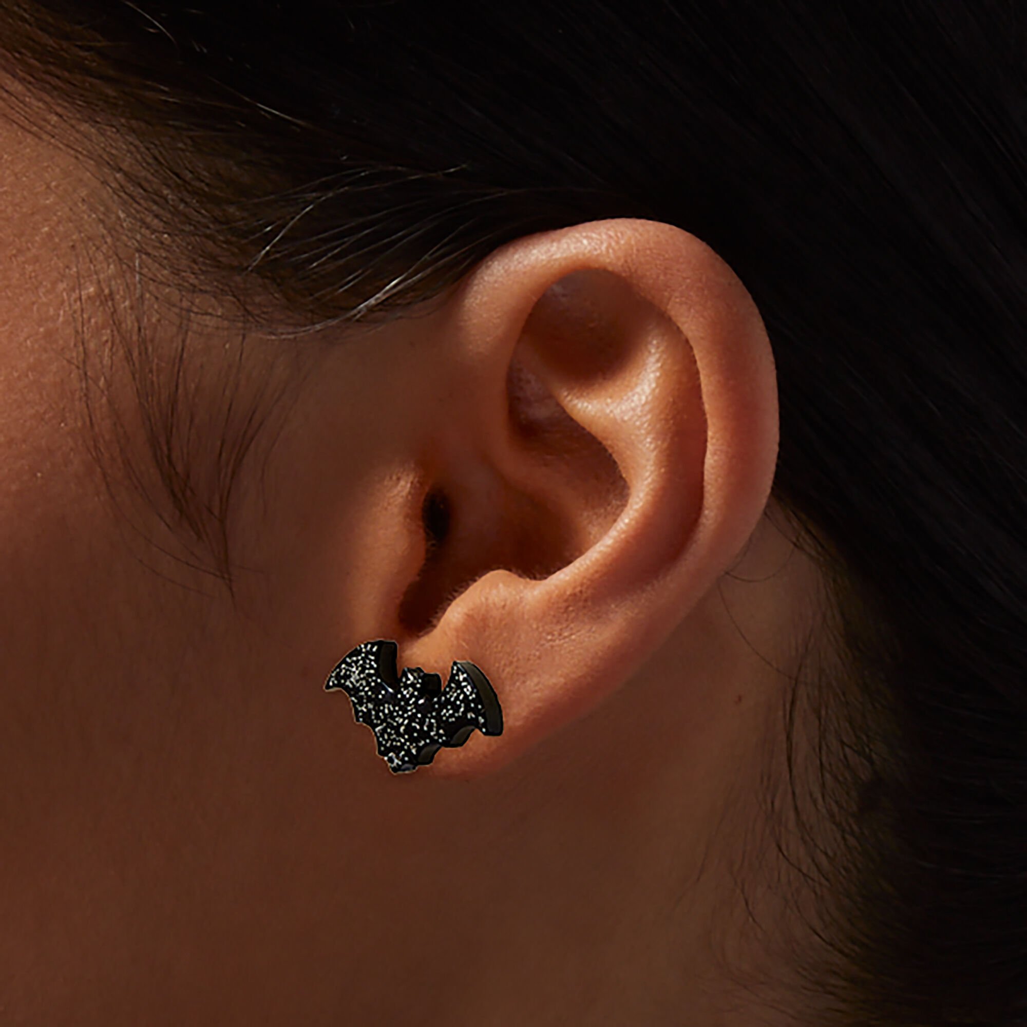 Black Glitter Bat Halloween Stud Earrings,
