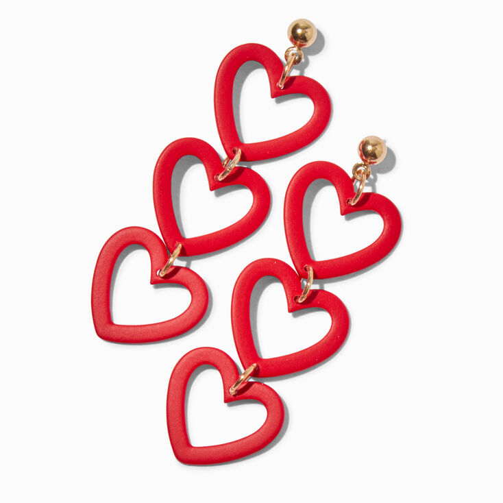 Red Triple Heart 2&quot; Linear Drop Earrings,