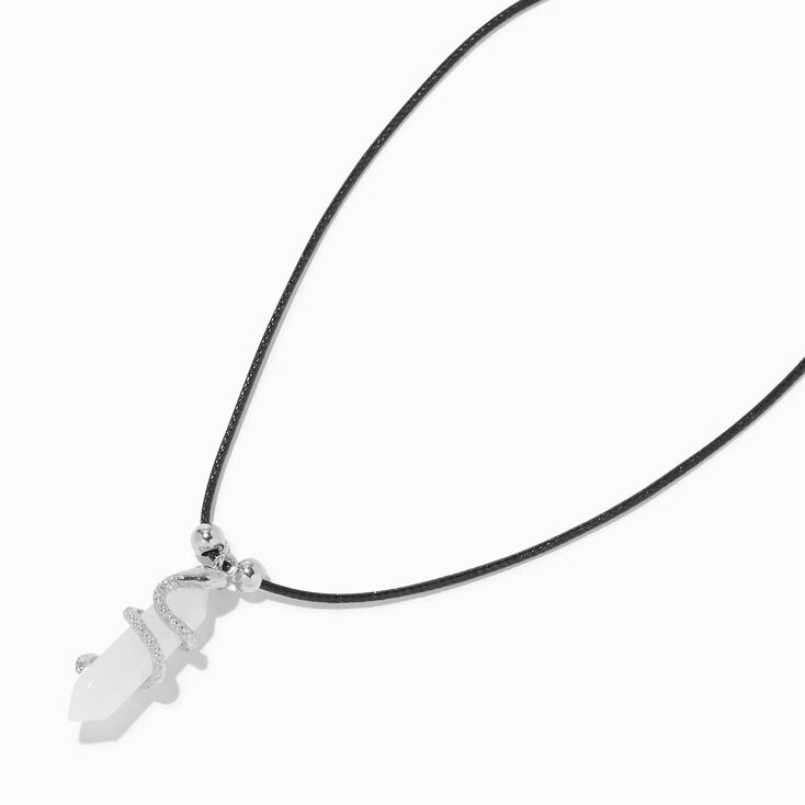 White Glow in the Dark Mystical Gem with Snake Pendant Black Cord Necklace,