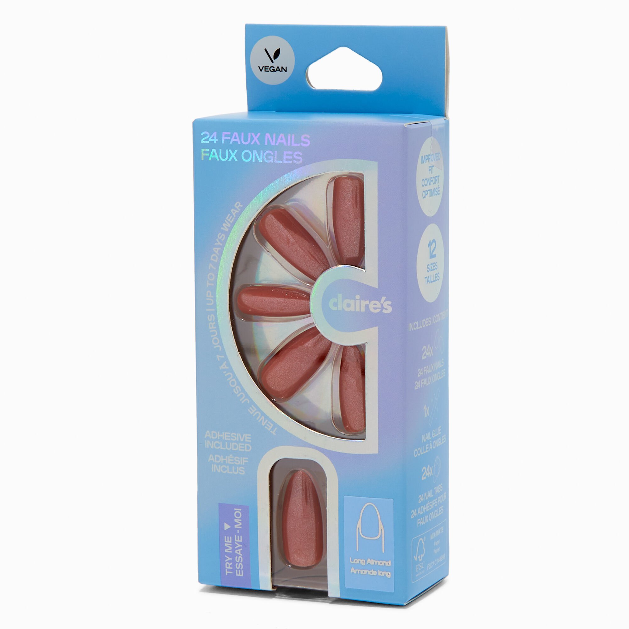 Brown Glazed Long Almond Vegan Faux Nail Set - 24 Pack,