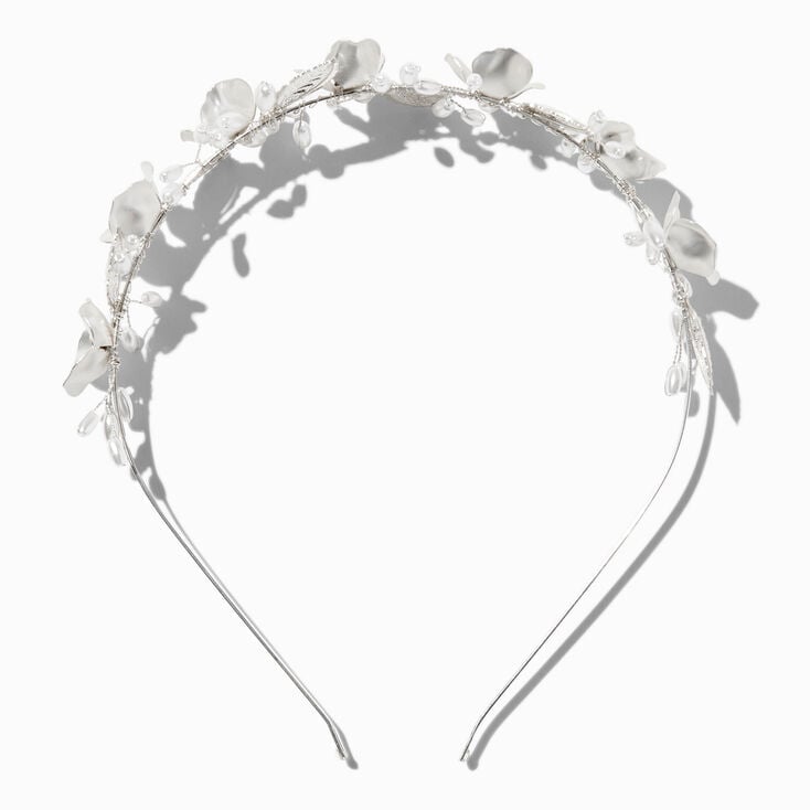 Embellished Matte Silver &amp; Pearl Flower Headband,