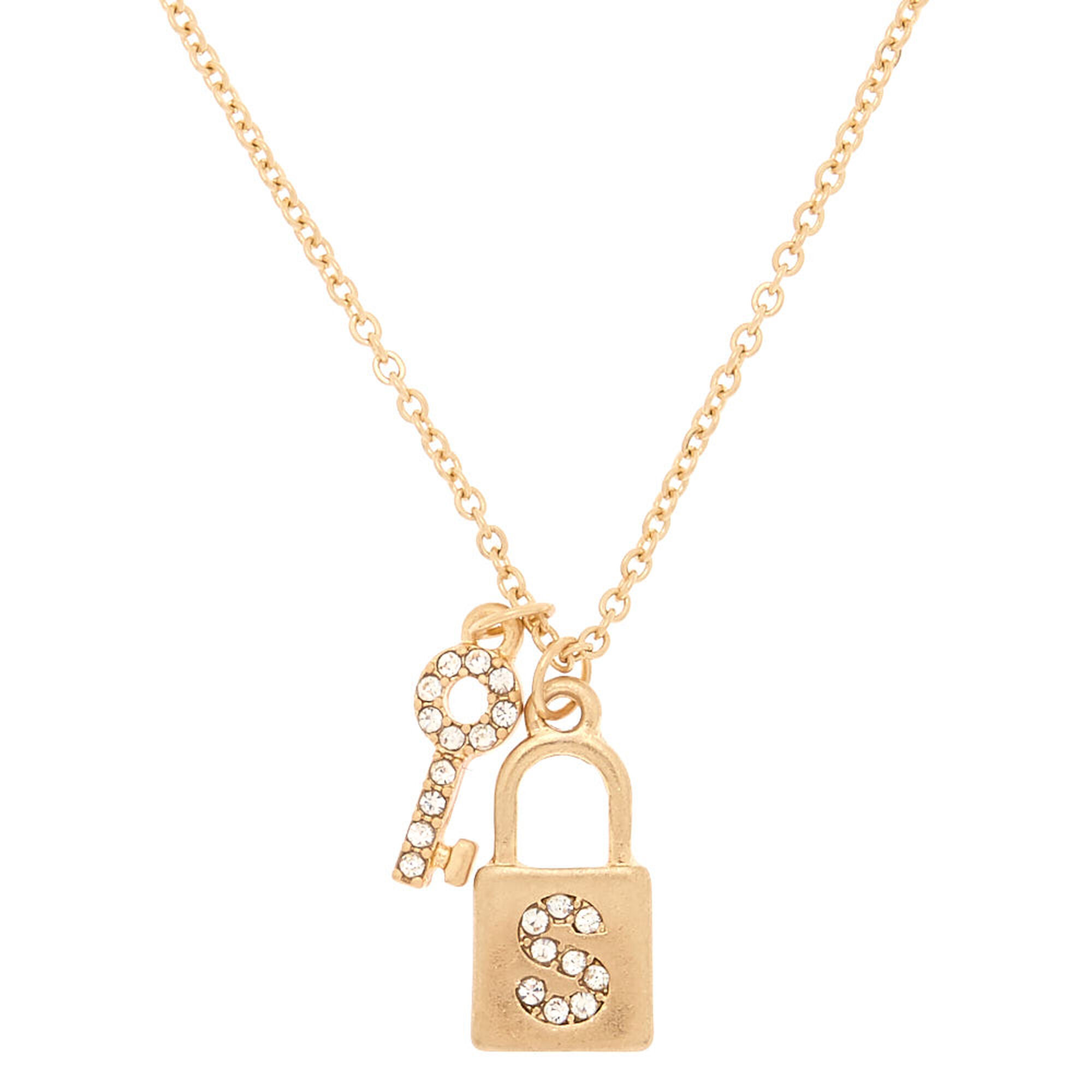 Gold Lock Necklace with Initial Letter Zircon, G