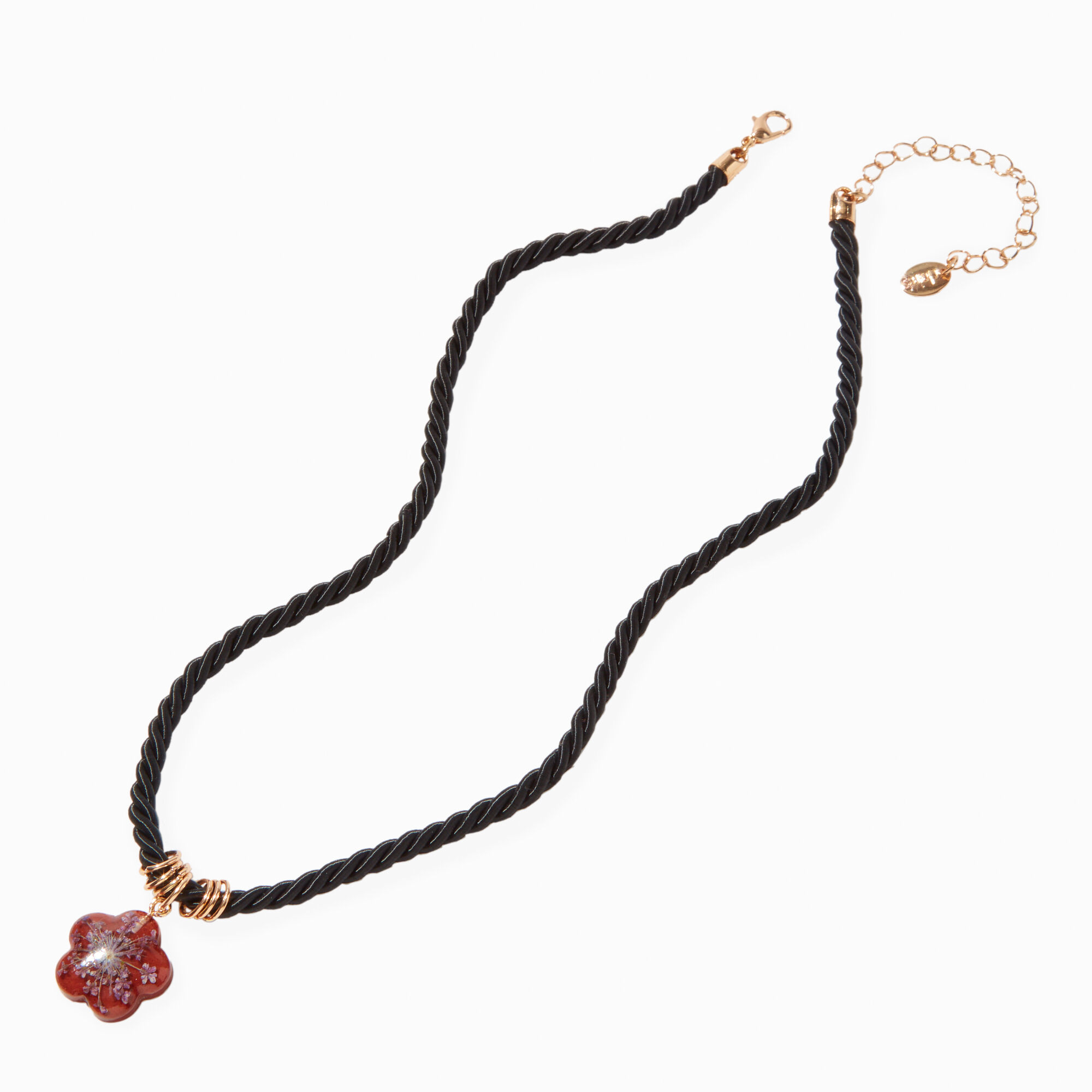 Red Dried Flower Pendant Black Chunky Cord Necklace ,