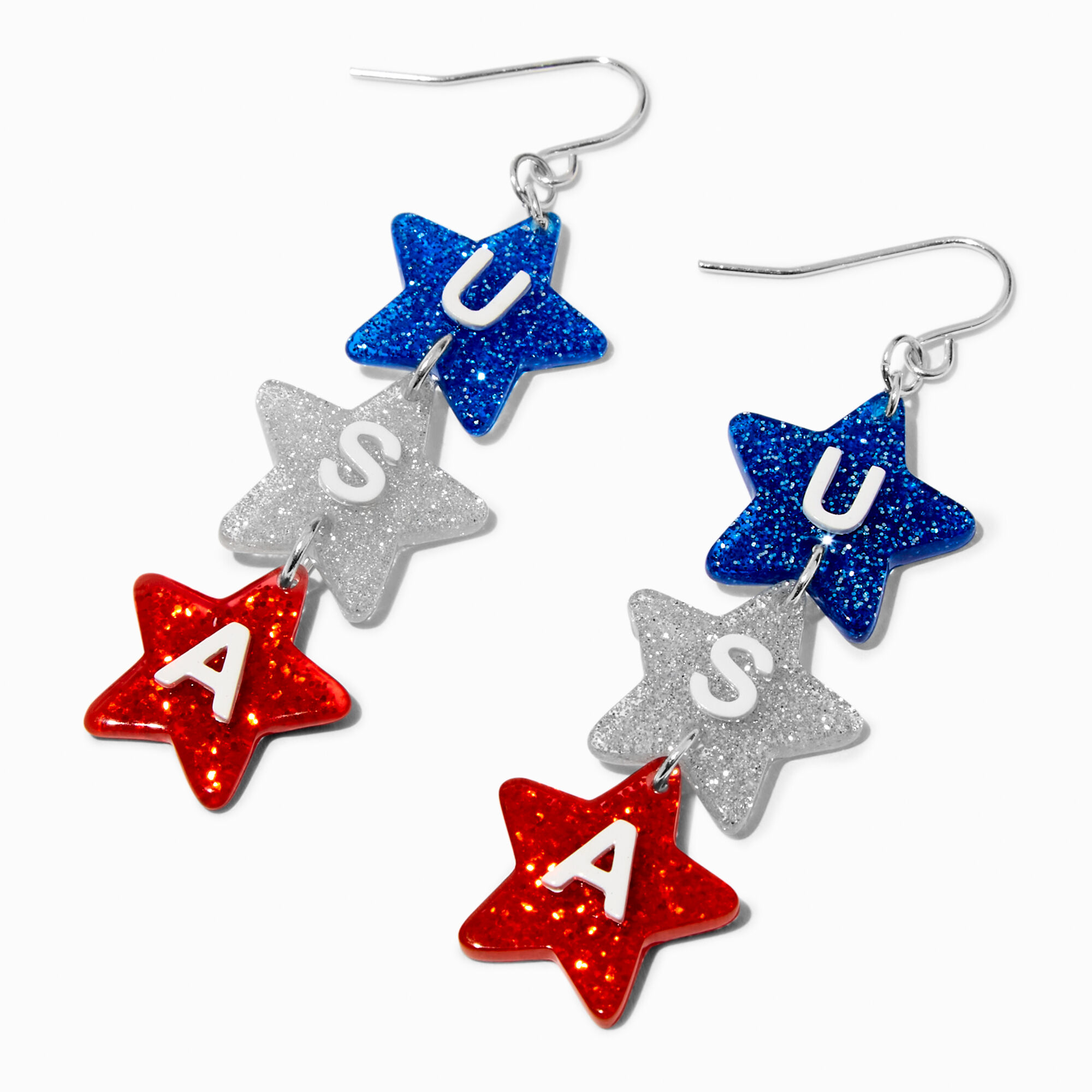 USA Glitter Star Trio 2" Drop Earrings,