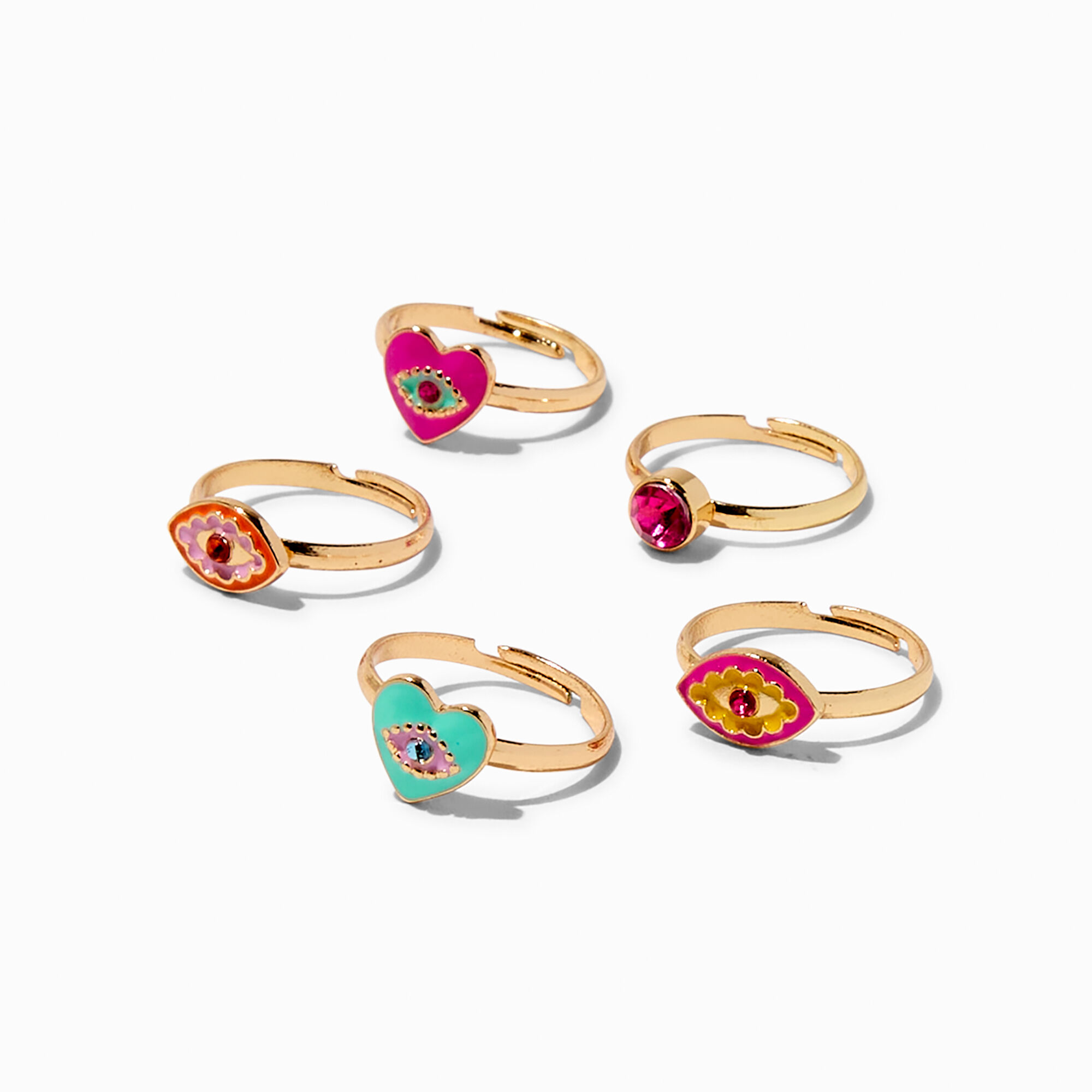 View Claires Club Evil Eye Icon Rings 5 Pack Gold information