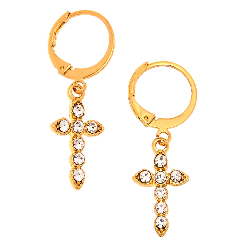 Gold 10MM Cross Huggie Hoop Earrings,
