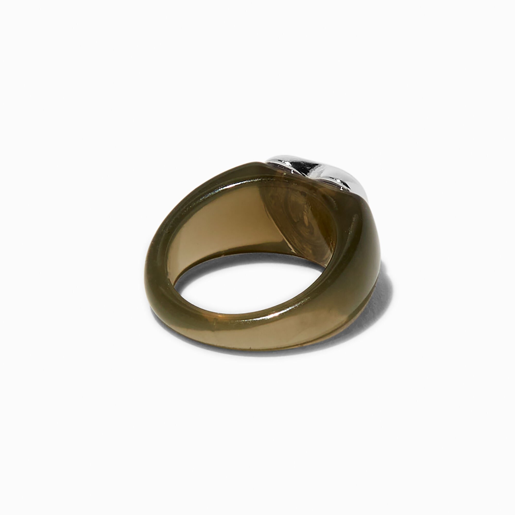 Bague en acrylique noir transparent cœur couleur argentée,