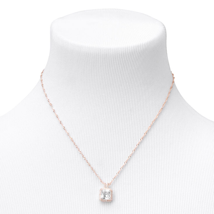 Rose Gold-tone Cubic Zirconia Square Halo Pendant Necklace,