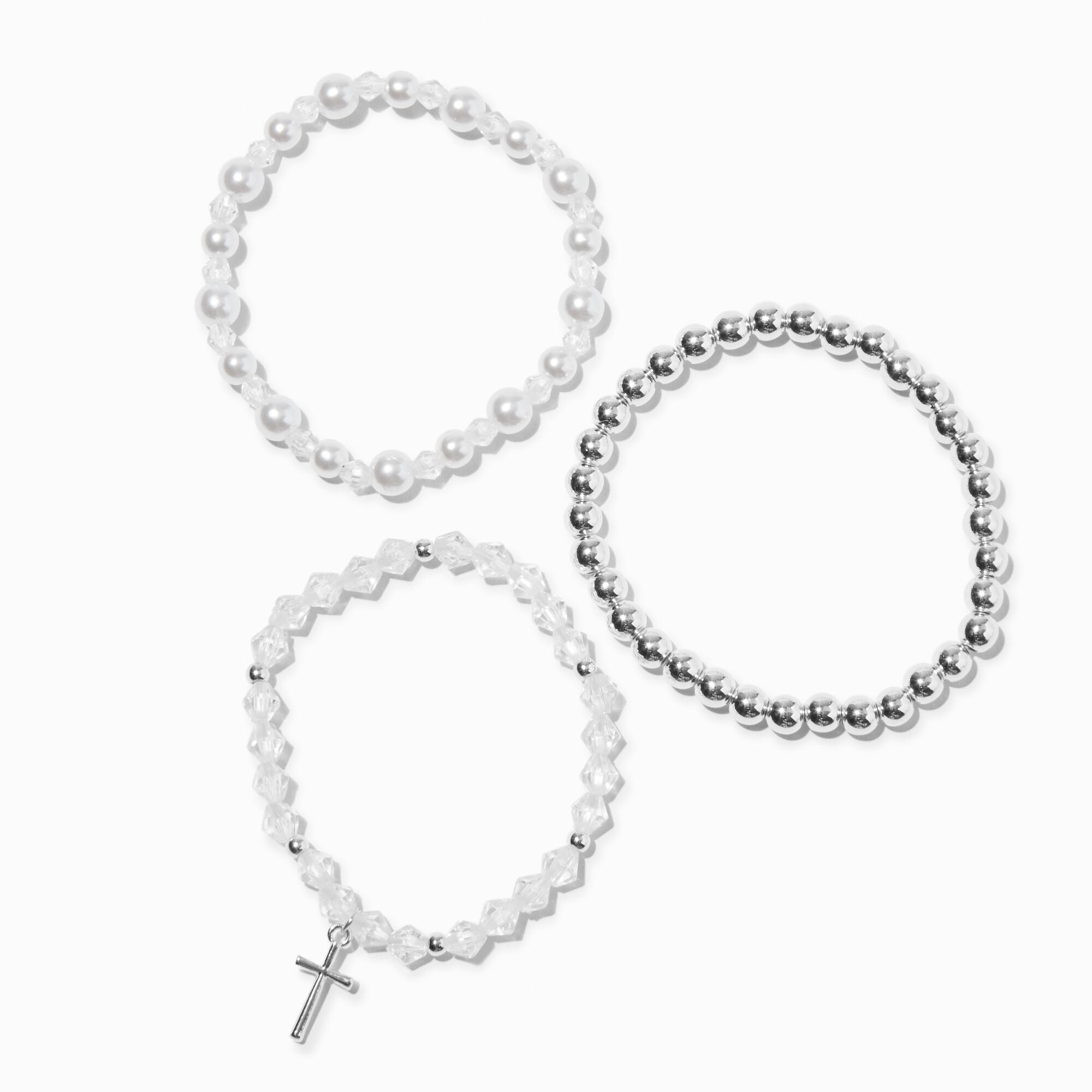 View Claires Club Special Occasion Tone Cross Stretch Bracelets 3 Pack Silver information