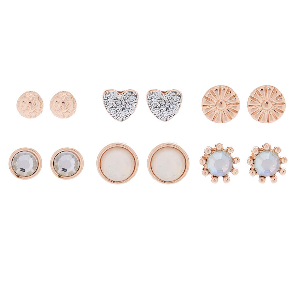 Rose Gold Sparkle Stud Earrings - 6 Pack,
