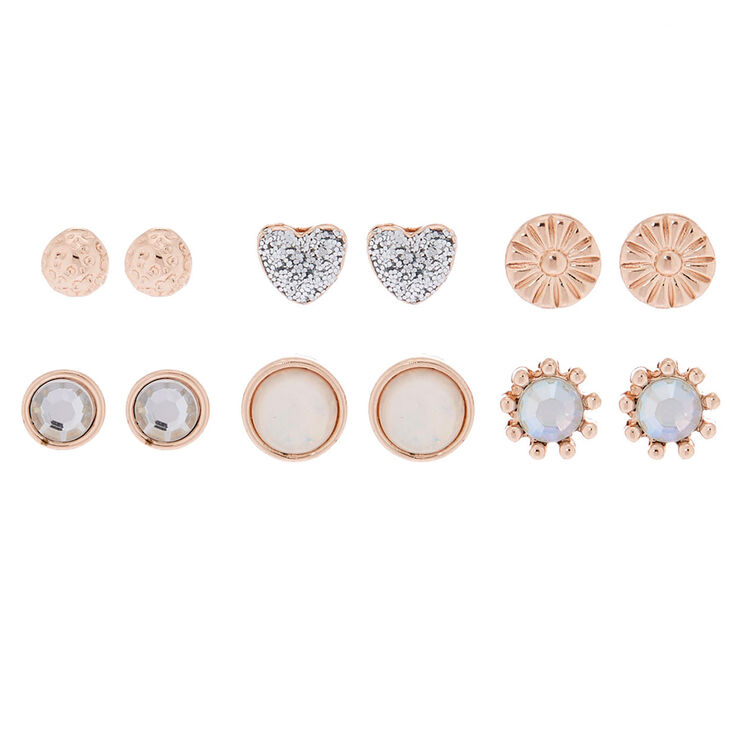 Rose Gold Sparkle Stud Earrings - 6 Pack,