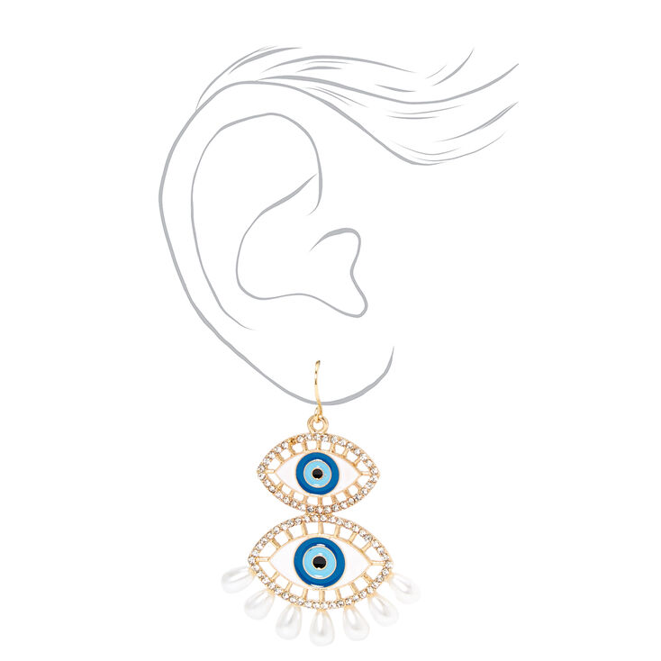 Gold 2&quot; Double Evil Eye Pearl Drop Earrings - Blue,