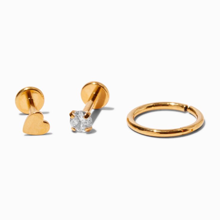 Boucles d&#39;oreilles pour piercing au cartilage 1,0&nbsp;mm c&oelig;ur en zircon cubique et en titane couleur dor&eacute;e - Lot de 3,